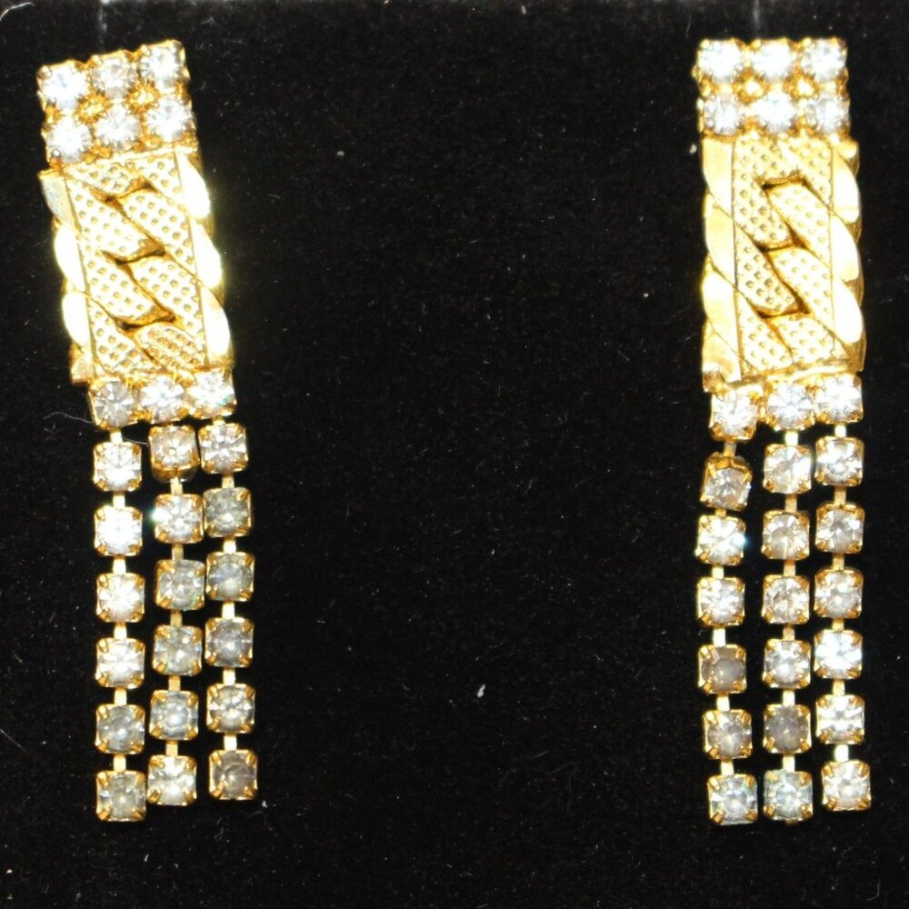Vtg Gold-Tone Rhinestone Drop Earrings Dangling Chains & Textured Metal Design
